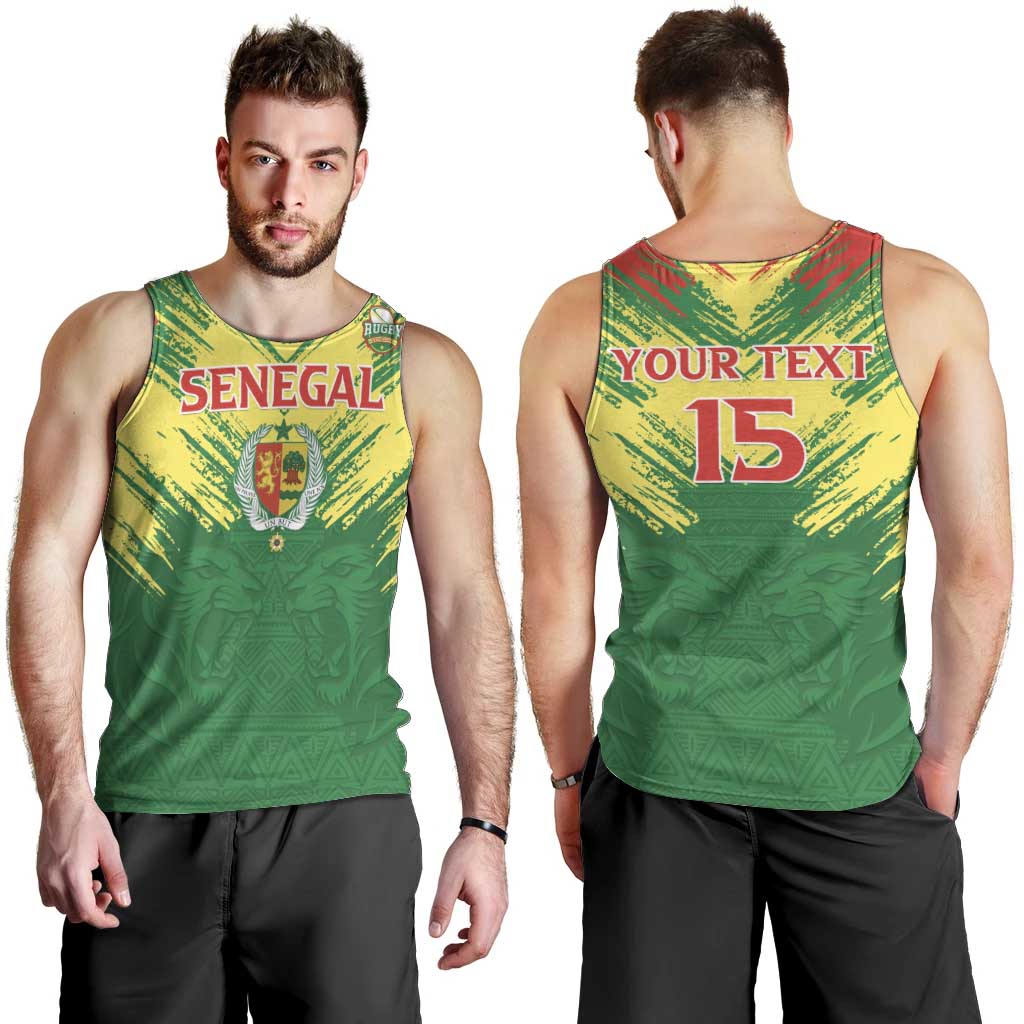 Senegal Rugby Custom Men Tank Top Lion With Coat Of Arms - African Pattern