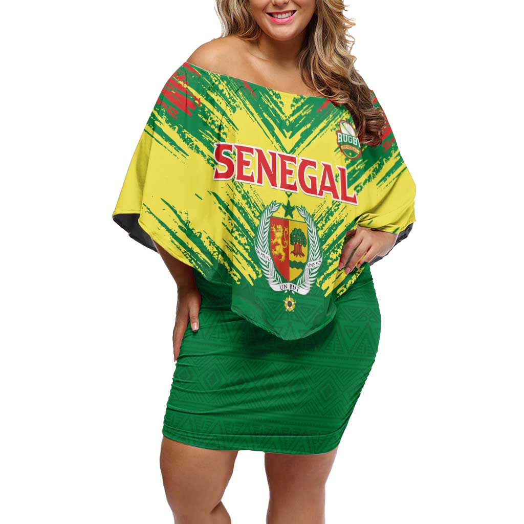Senegal Rugby Custom Off Shoulder Short Dress Lion With Coat Of Arms - African Pattern