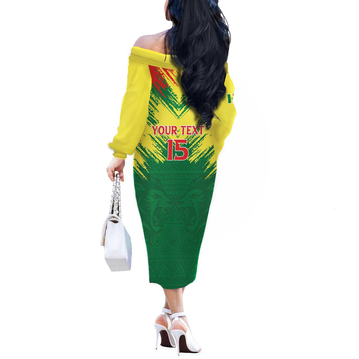 Senegal Rugby Custom Off The Shoulder Long Sleeve Dress Lion With Coat Of Arms - African Pattern