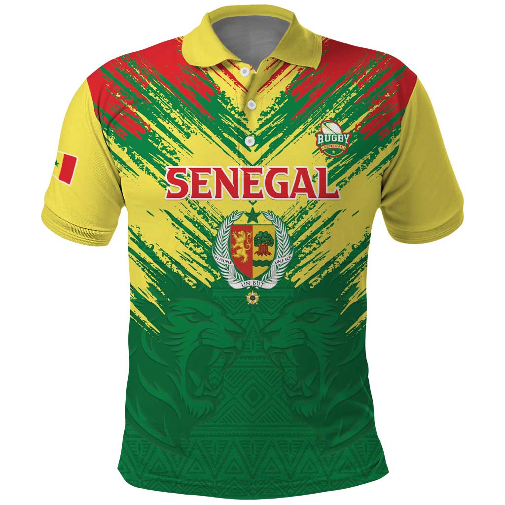 Senegal Rugby Custom Polo Shirt Lion With Coat Of Arms - African Pattern