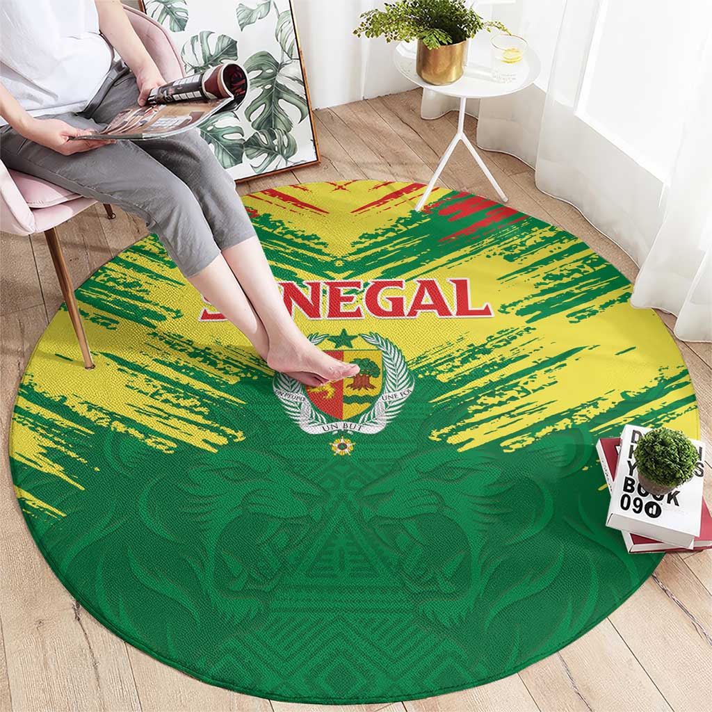 Senegal Rugby Round Carpet Lion With Coat Of Arms - African Pattern