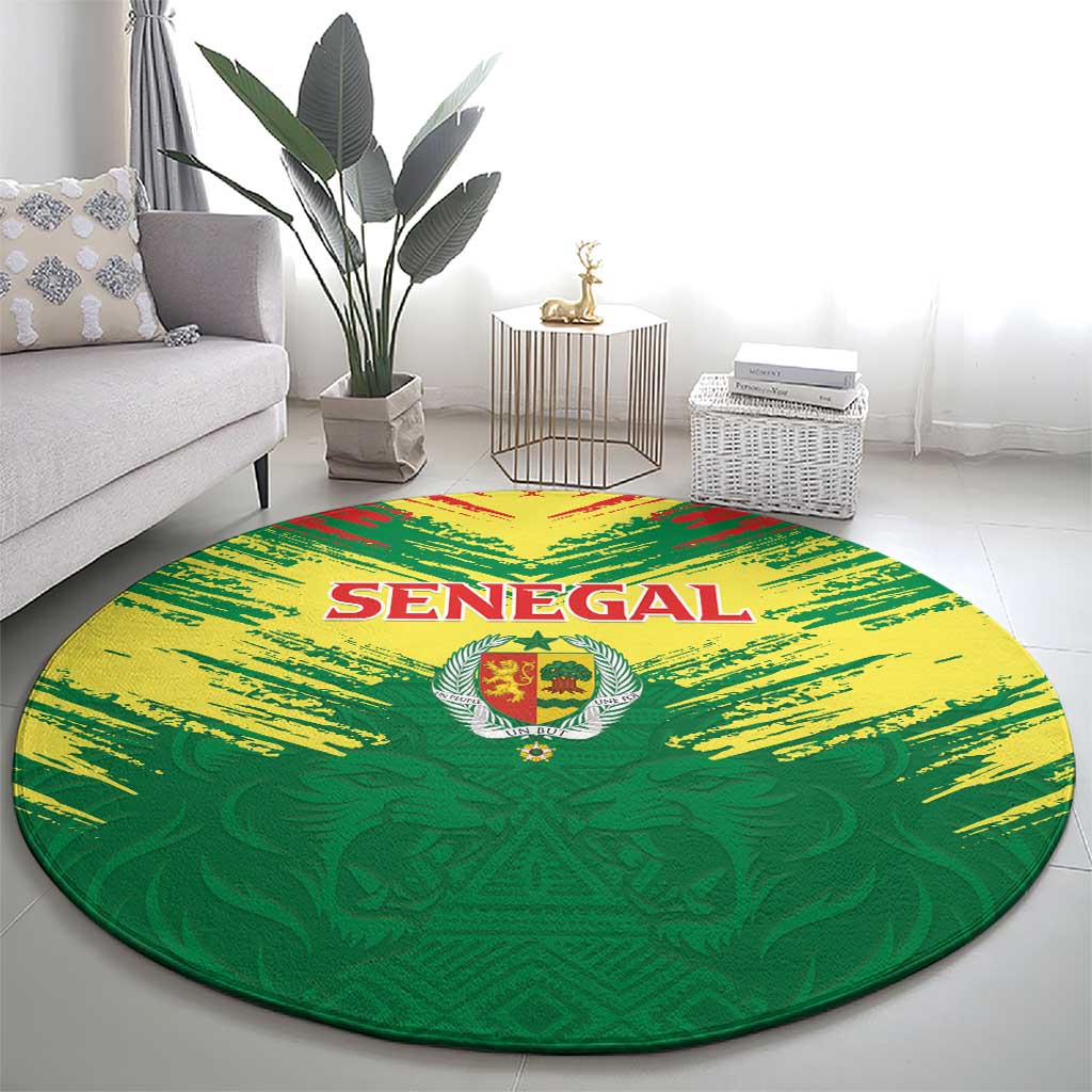 Senegal Rugby Round Carpet Lion With Coat Of Arms - African Pattern