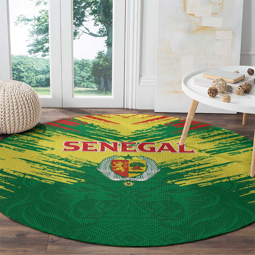 Senegal Rugby Round Carpet Lion With Coat Of Arms - African Pattern