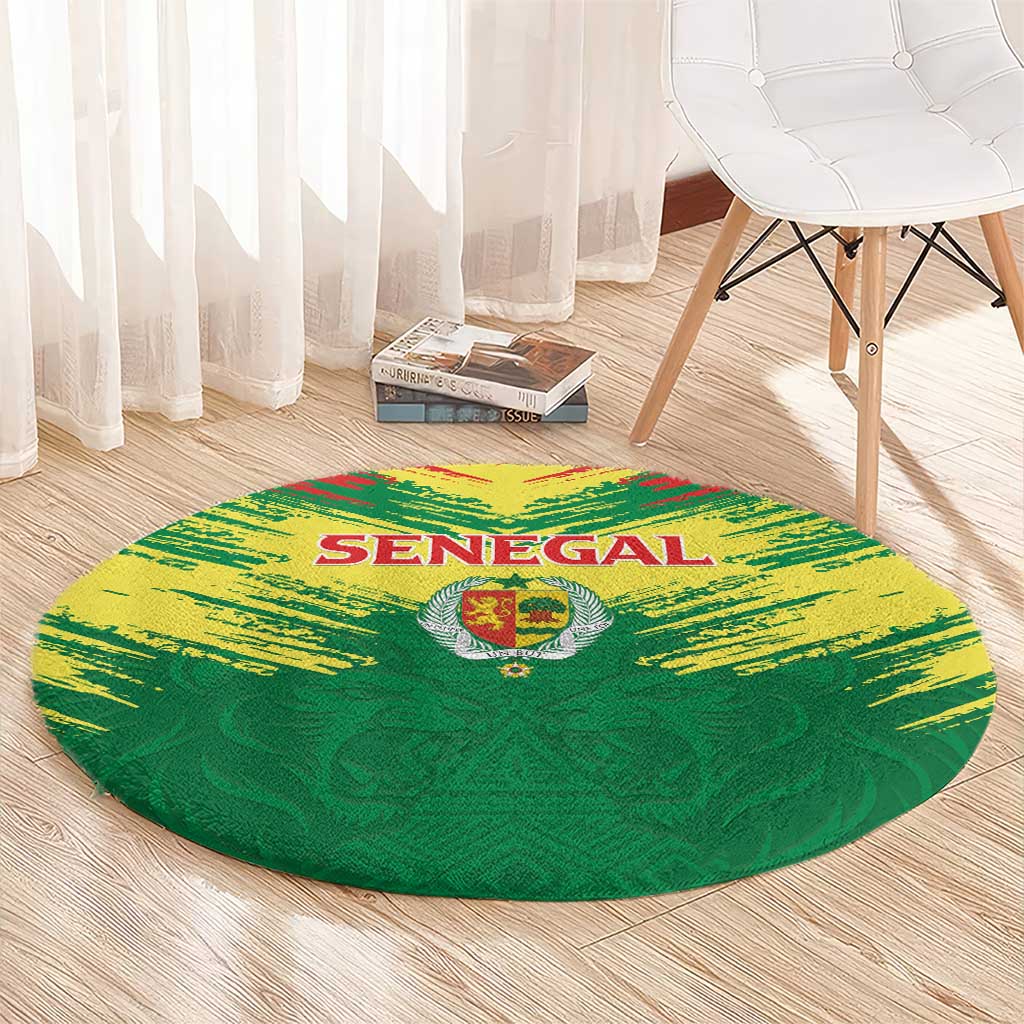 Senegal Rugby Round Carpet Lion With Coat Of Arms - African Pattern