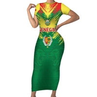 Senegal Rugby Custom Short Sleeve Bodycon Dress Lion With Coat Of Arms - African Pattern