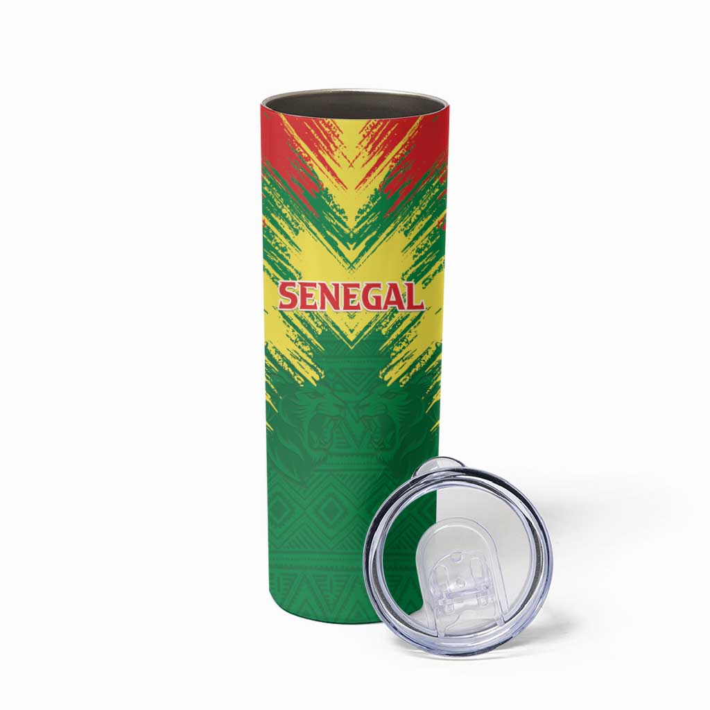 Senegal Rugby Custom Skinny Tumbler Lion With Coat Of Arms - African Pattern
