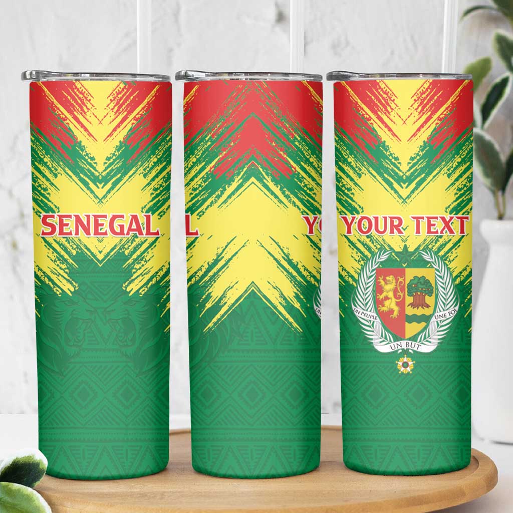 Senegal Rugby Custom Skinny Tumbler Lion With Coat Of Arms - African Pattern