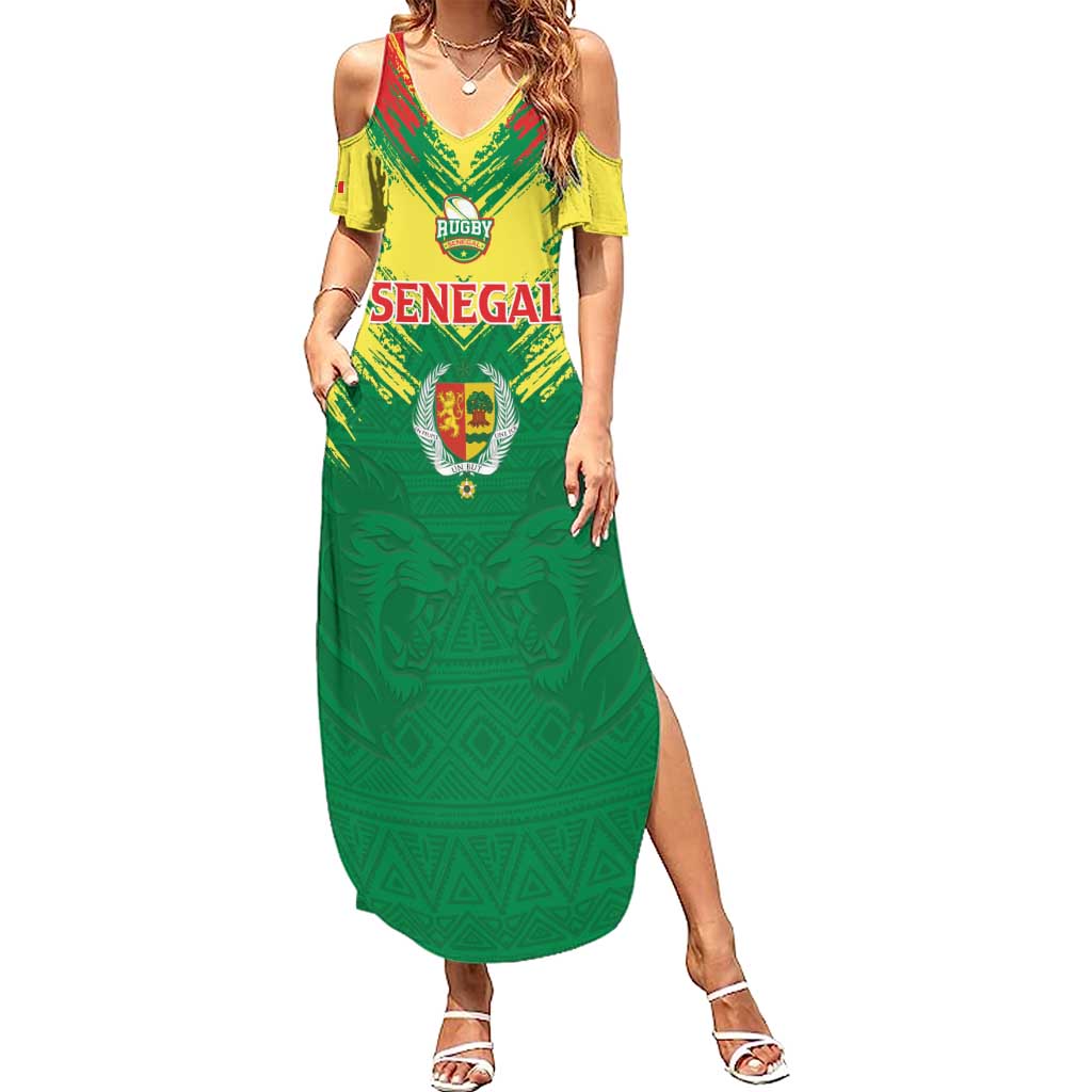 Senegal Rugby Custom Summer Maxi Dress Lion With Coat Of Arms - African Pattern