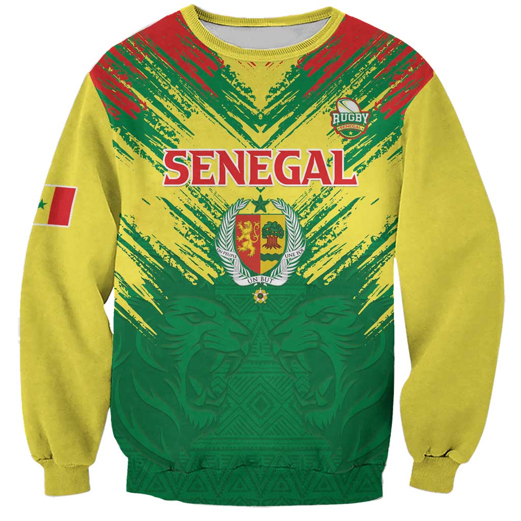 Senegal Rugby Custom Sweatshirt Lion With Coat Of Arms - African Pattern