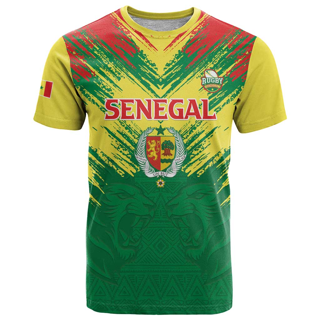 Senegal Rugby Custom T Shirt Lion With Coat Of Arms - African Pattern