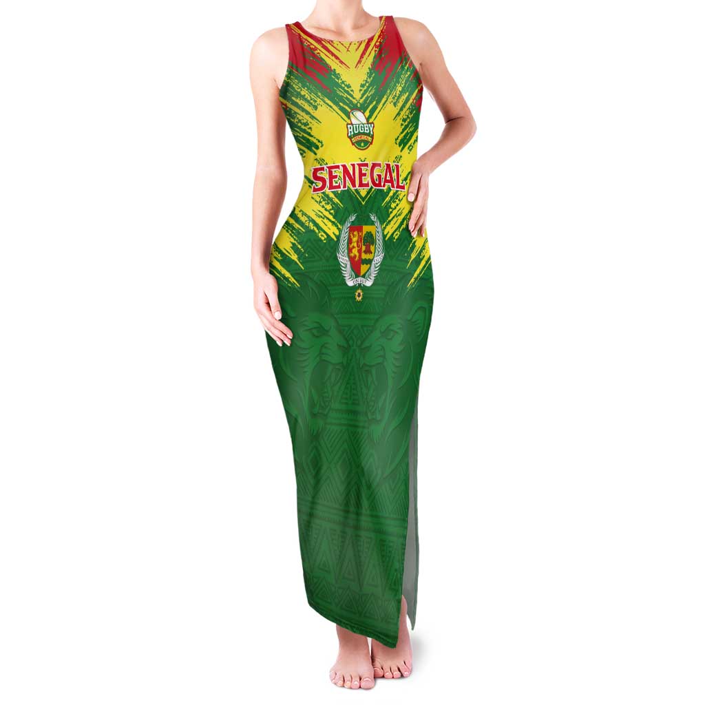 Senegal Rugby Custom Tank Maxi Dress Lion With Coat Of Arms - African Pattern