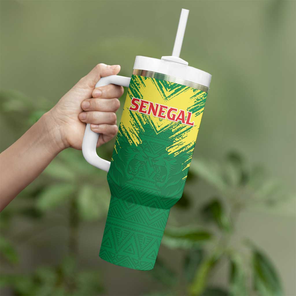 Senegal Rugby Custom Tumbler With Handle Lion With Coat Of Arms - African Pattern