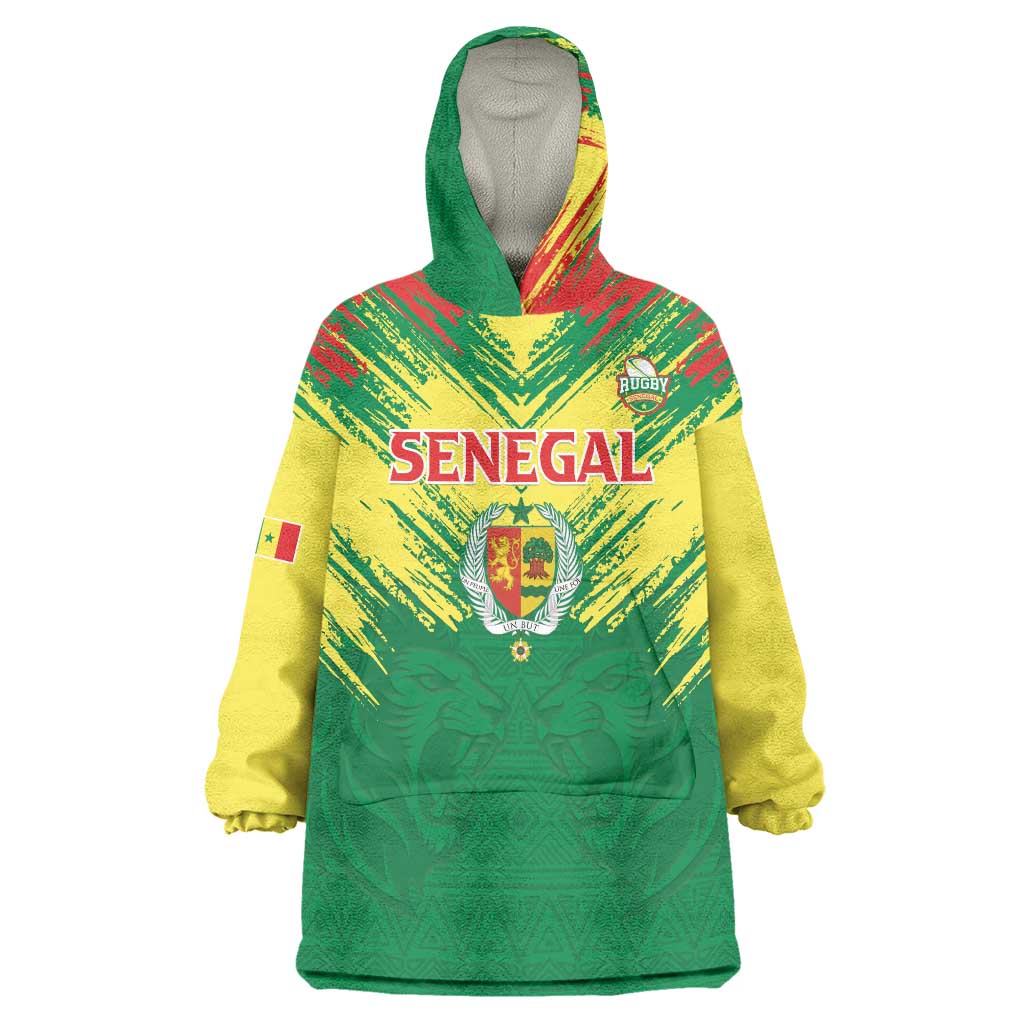 Senegal Rugby Custom Wearable Blanket Hoodie Lion With Coat Of Arms - African Pattern