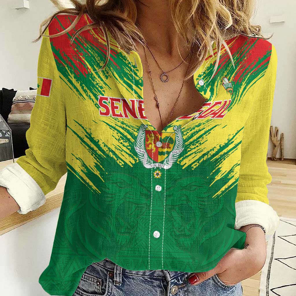 Senegal Rugby Custom Women Casual Shirt Lion With Coat Of Arms - African Pattern