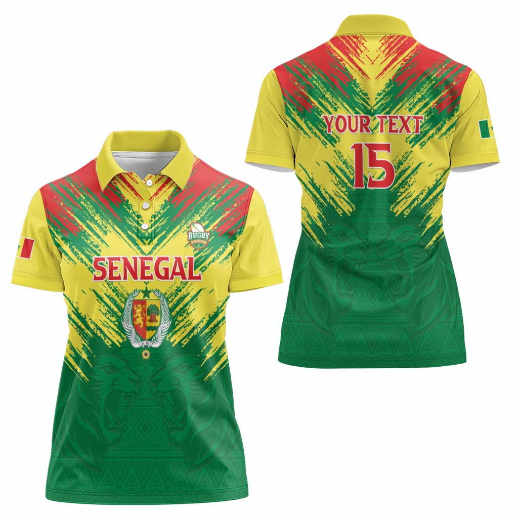 Senegal Rugby Custom Women Polo Shirt Lion With Coat Of Arms - African Pattern
