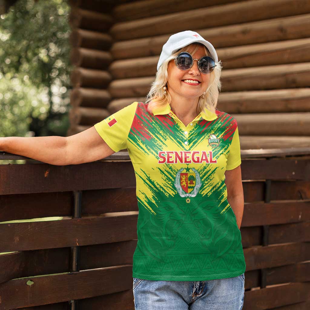 Senegal Rugby Custom Women Polo Shirt Lion With Coat Of Arms - African Pattern