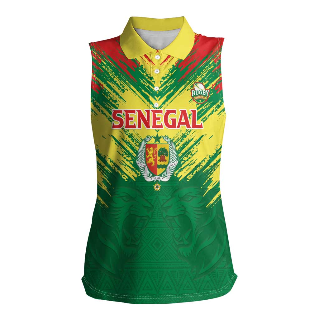 Senegal Rugby Custom Women Sleeveless Polo Shirt Lion With Coat Of Arms - African Pattern