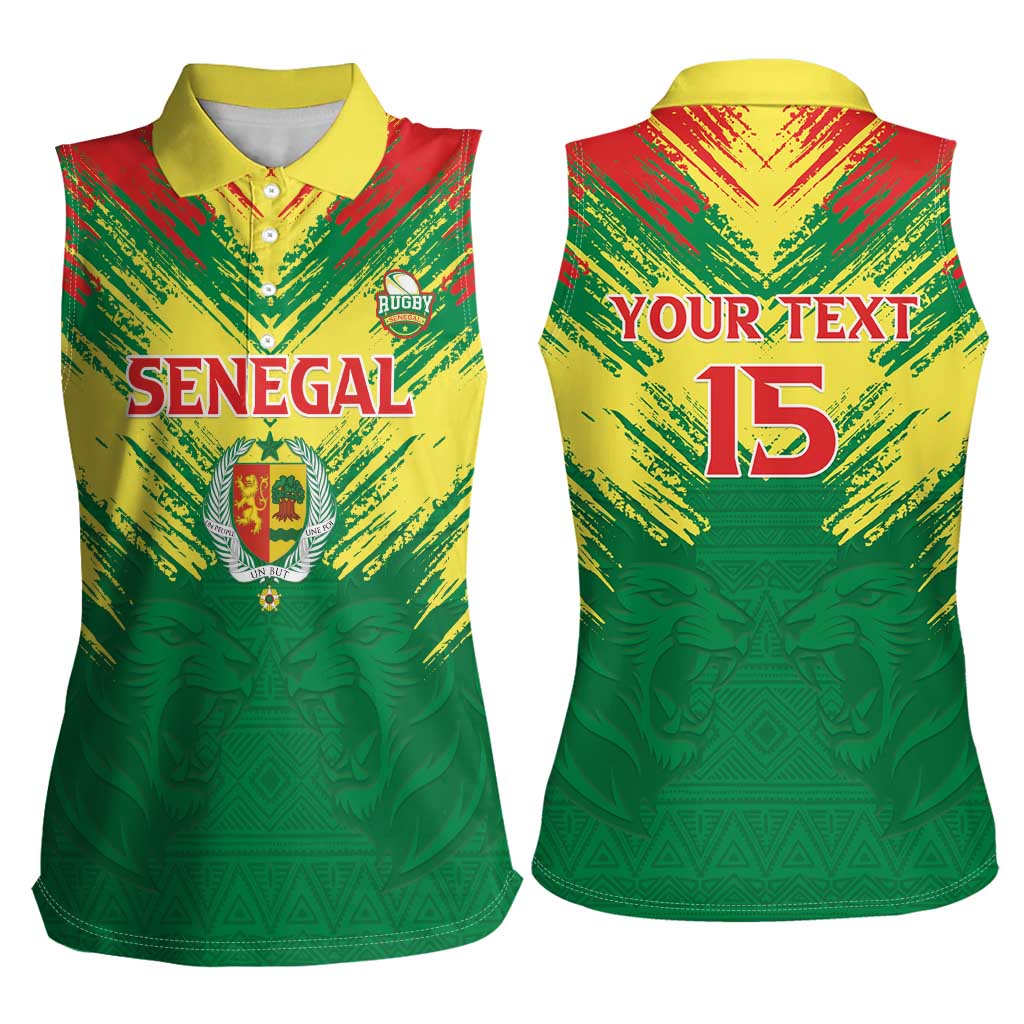 Senegal Rugby Custom Women Sleeveless Polo Shirt Lion With Coat Of Arms - African Pattern