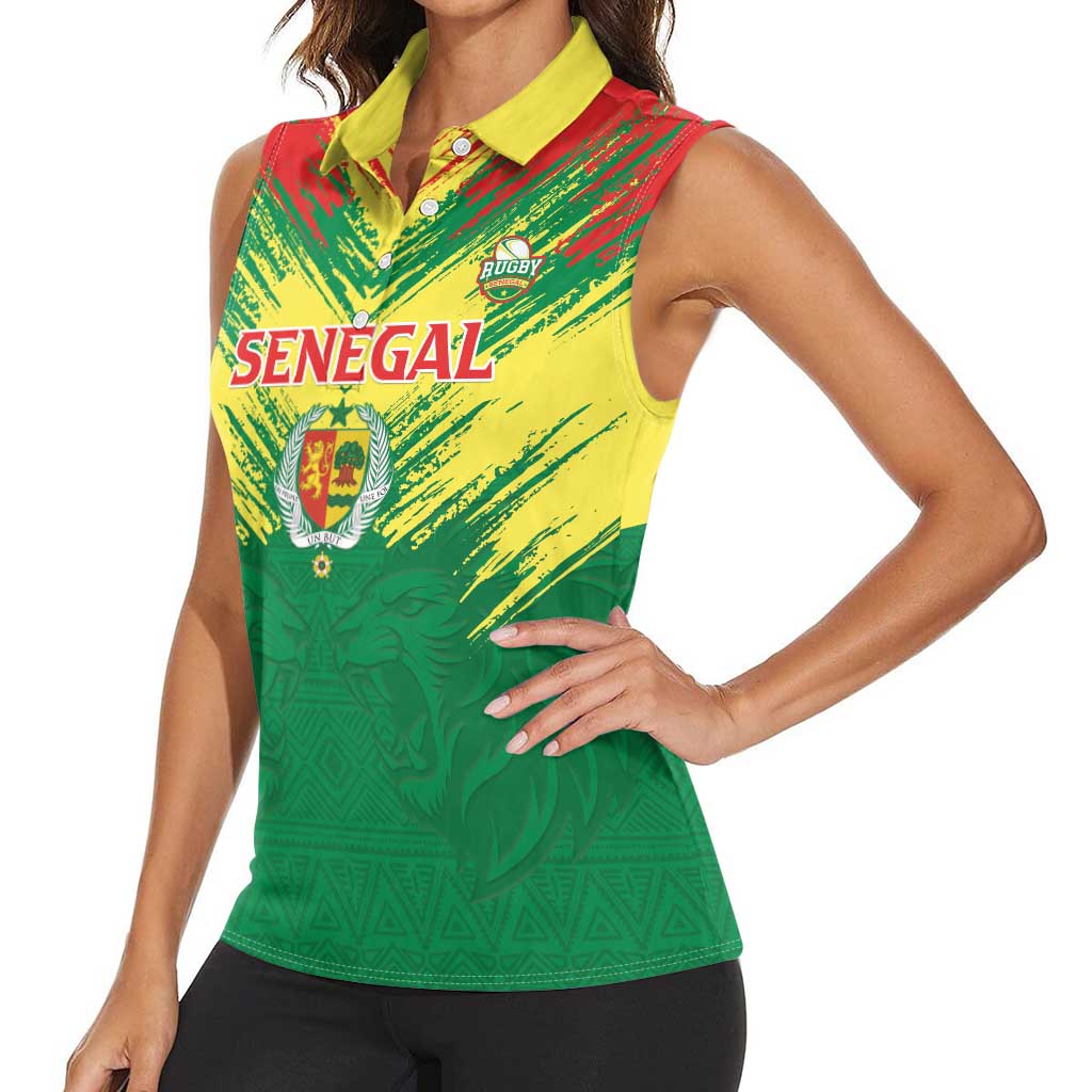 Senegal Rugby Custom Women Sleeveless Polo Shirt Lion With Coat Of Arms - African Pattern