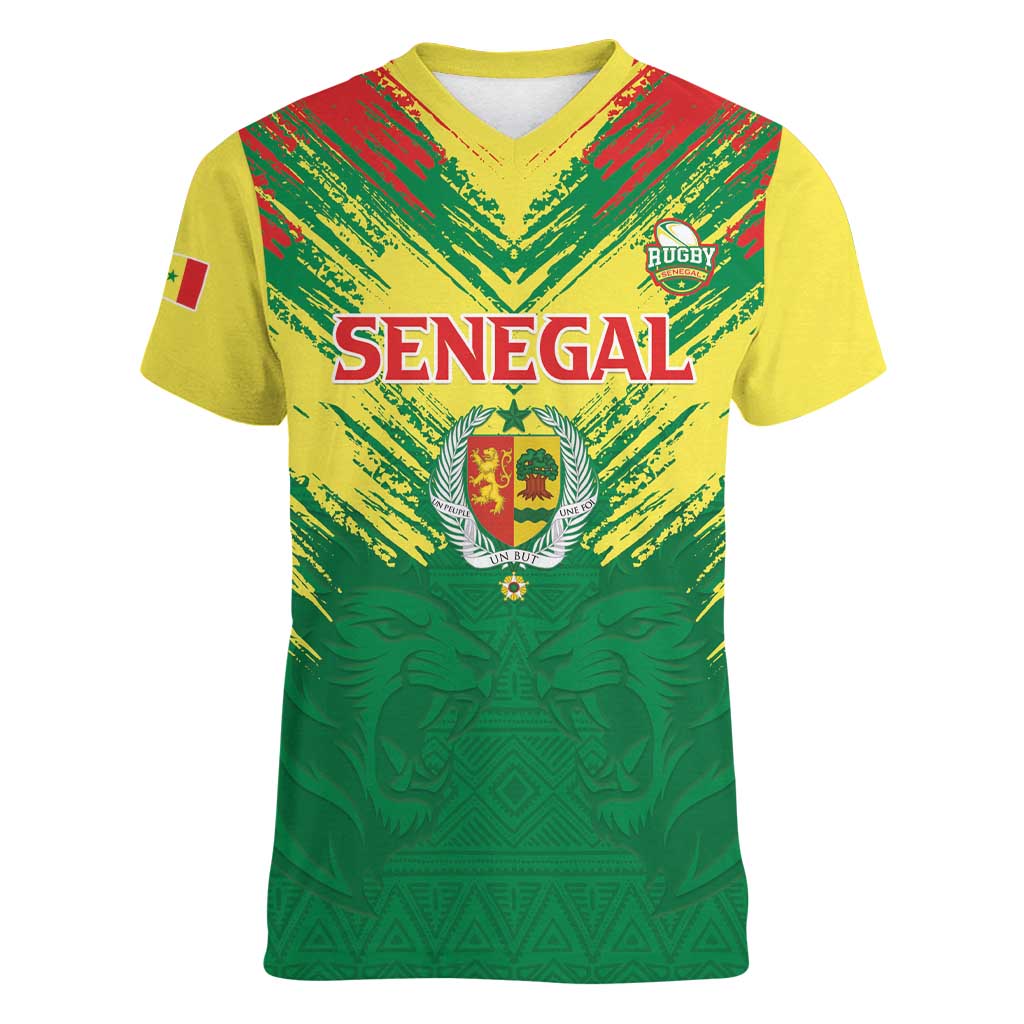 Senegal Rugby Custom Women V-Neck T-Shirt Lion With Coat Of Arms - African Pattern