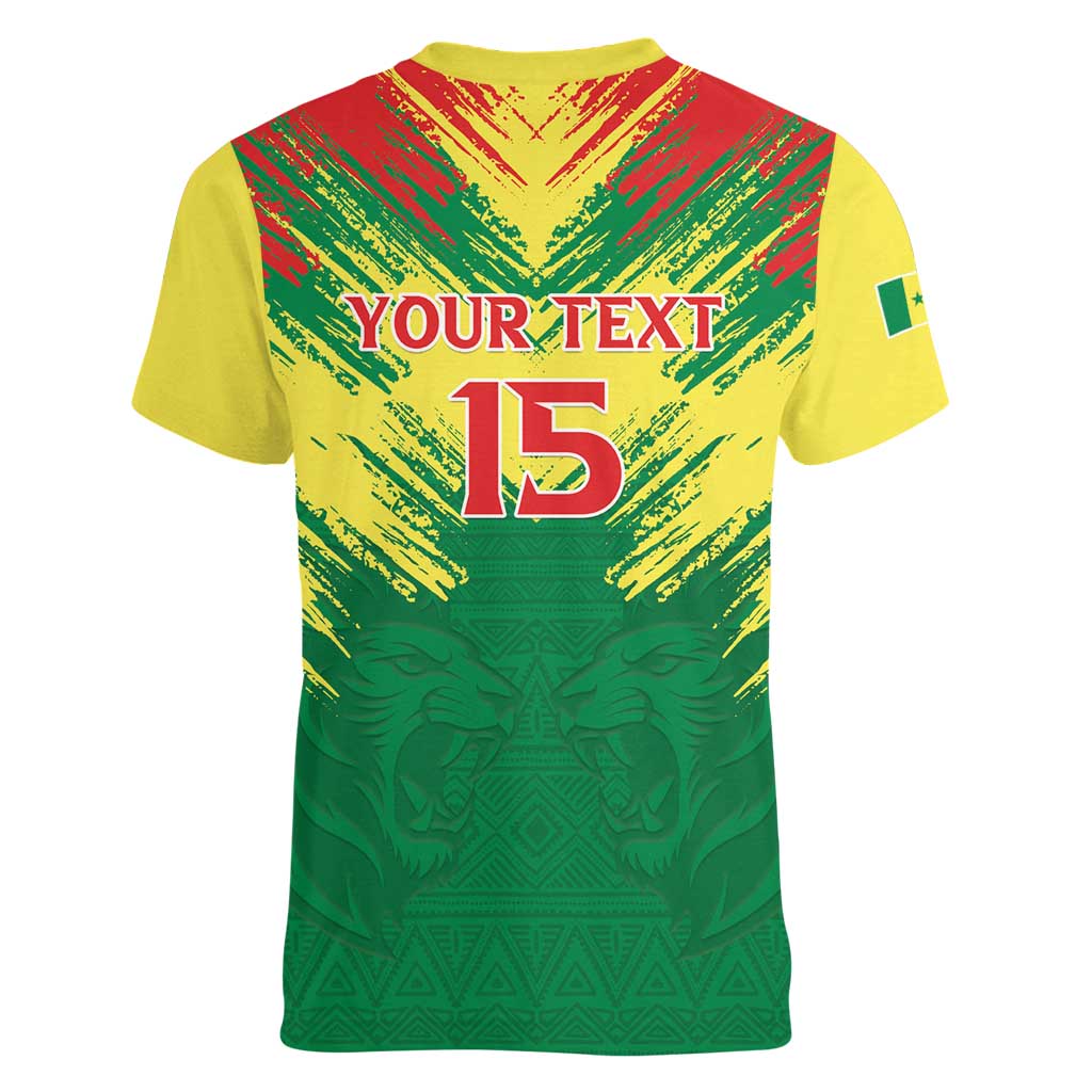 Senegal Rugby Custom Women V-Neck T-Shirt Lion With Coat Of Arms - African Pattern