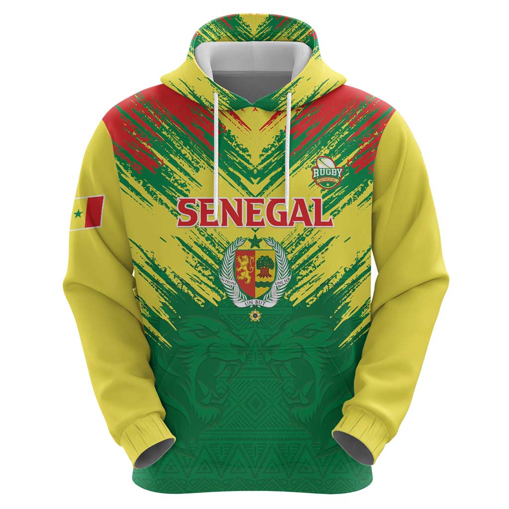 Senegal Rugby Custom Zip Hoodie Lion With Coat Of Arms - African Pattern