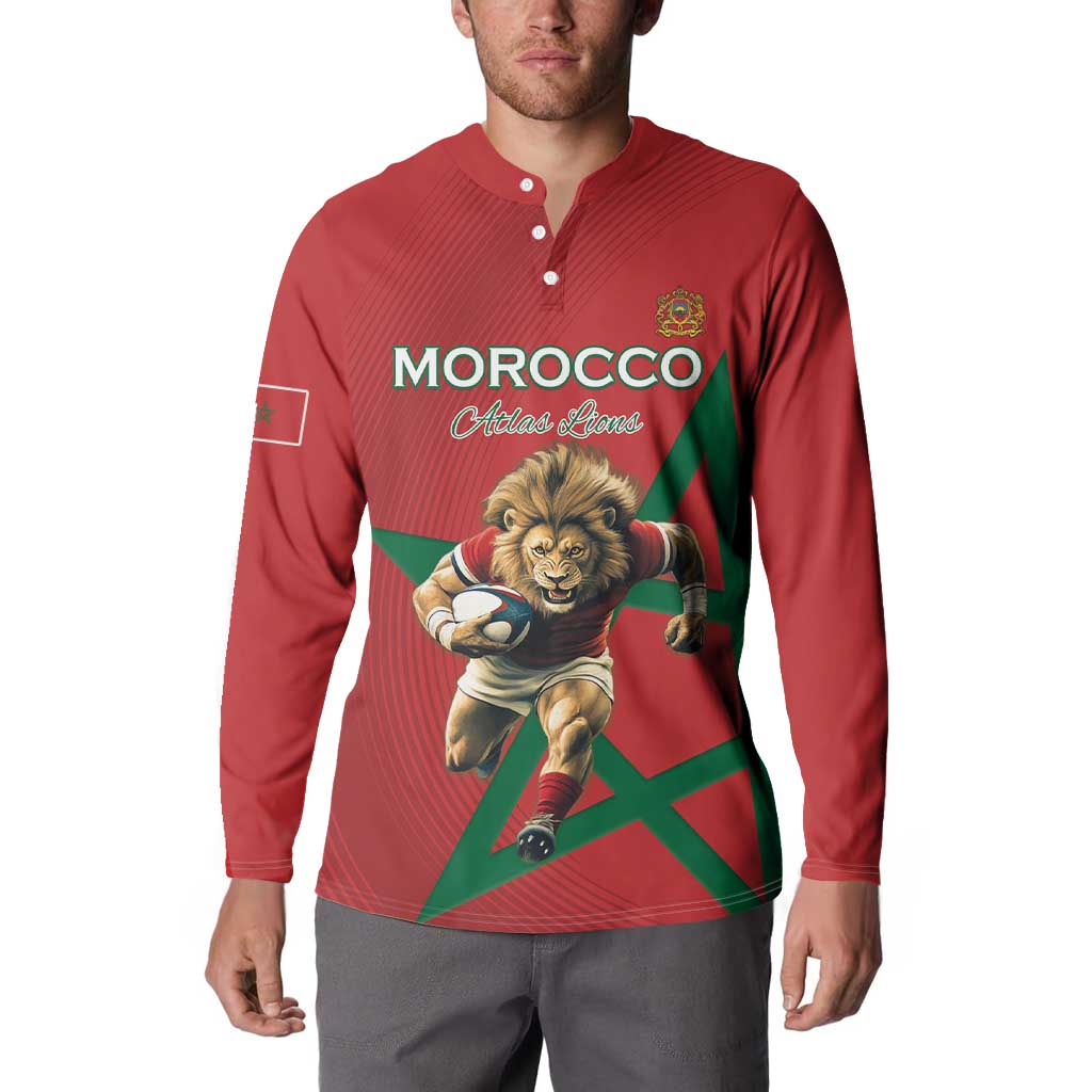 Morocco Rugby Custom Button Sweatshirt Lion Mascot Green Star