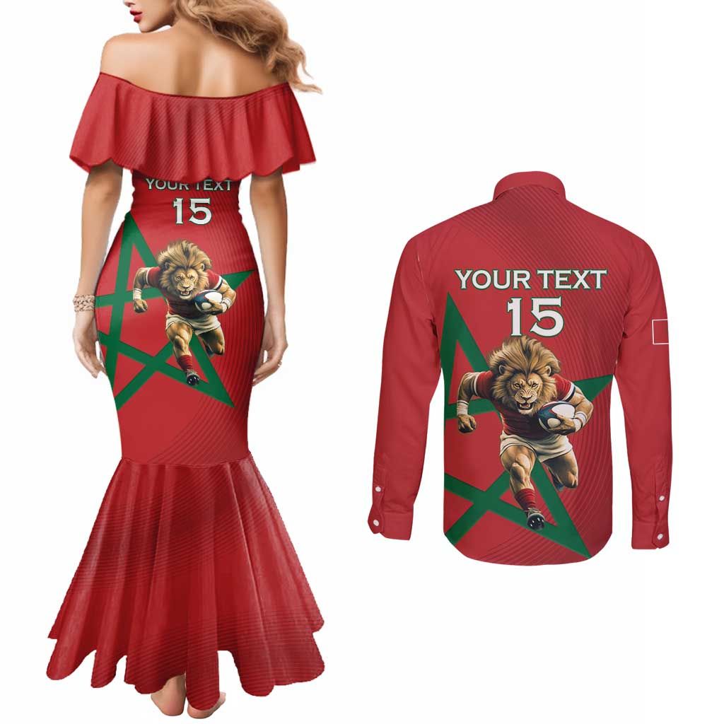 Morocco Rugby Custom Couples Matching Mermaid Dress and Long Sleeve Button Shirt Lion Mascot Green Star