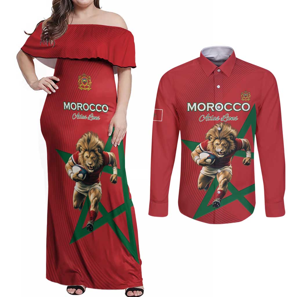Morocco Rugby Custom Couples Matching Off Shoulder Maxi Dress and Long Sleeve Button Shirt Lion Mascot Green Star