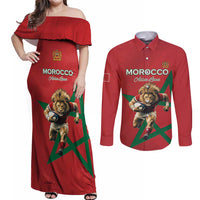 Morocco Rugby Custom Couples Matching Off Shoulder Maxi Dress and Long Sleeve Button Shirt Lion Mascot Green Star
