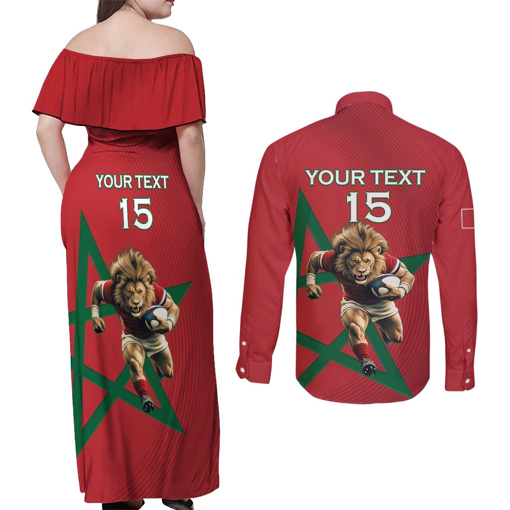 Morocco Rugby Custom Couples Matching Off Shoulder Maxi Dress and Long Sleeve Button Shirt Lion Mascot Green Star