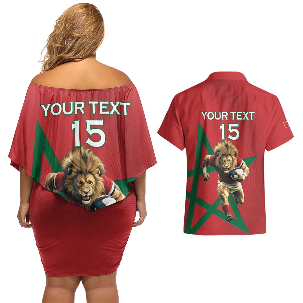 Morocco Rugby Custom Couples Matching Off Shoulder Short Dress and Hawaiian Shirt Lion Mascot Green Star
