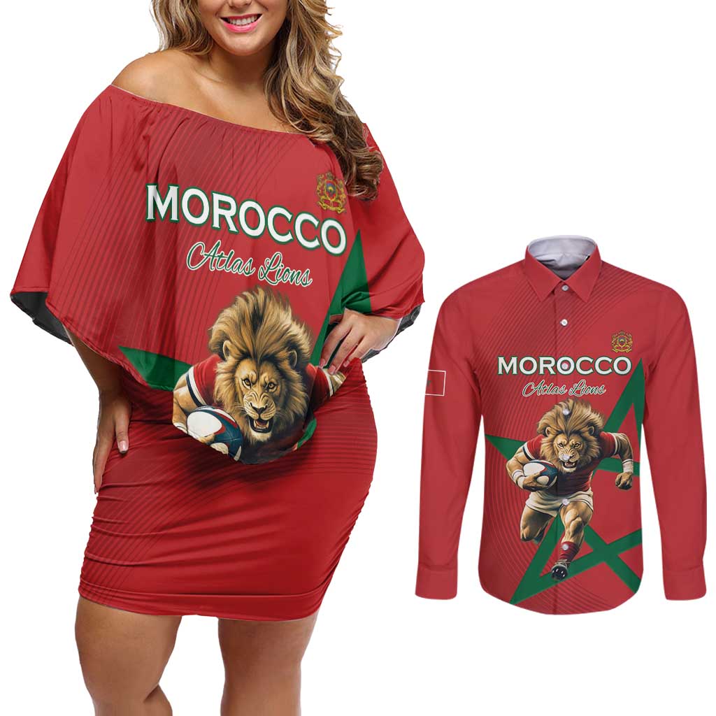 Morocco Rugby Custom Couples Matching Off Shoulder Short Dress and Long Sleeve Button Shirt Lion Mascot Green Star