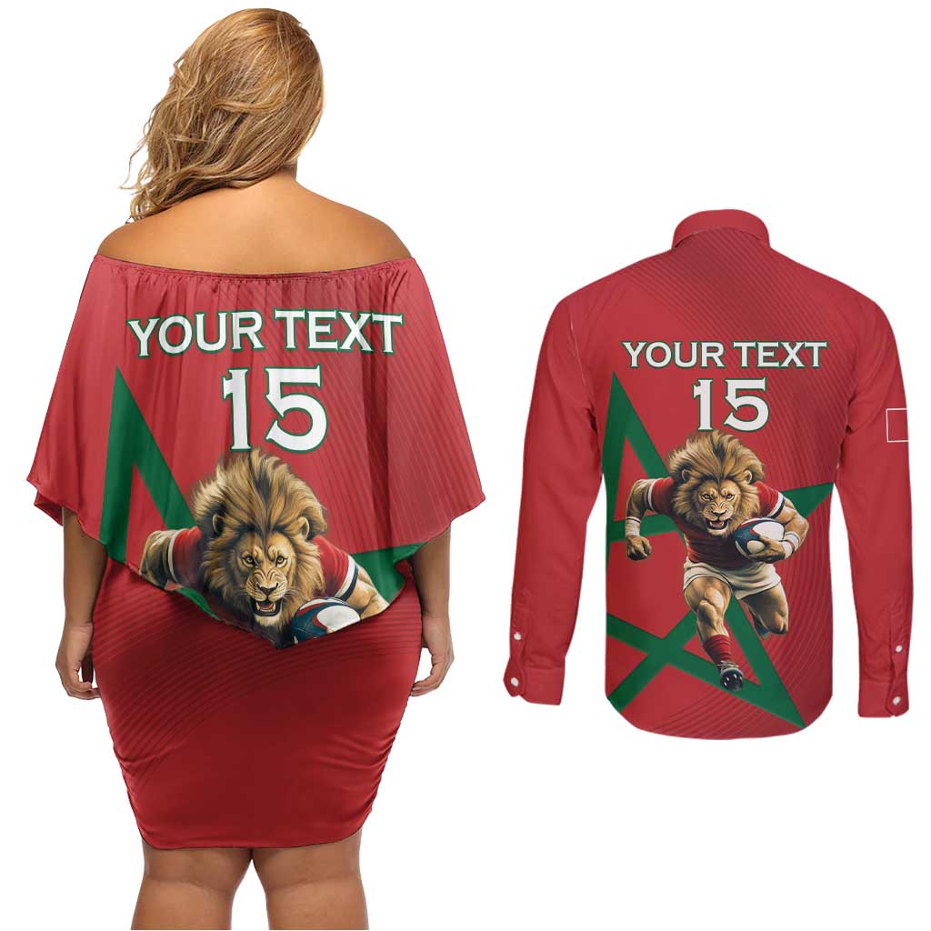 Morocco Rugby Custom Couples Matching Off Shoulder Short Dress and Long Sleeve Button Shirt Lion Mascot Green Star
