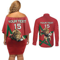 Morocco Rugby Custom Couples Matching Off Shoulder Short Dress and Long Sleeve Button Shirt Lion Mascot Green Star