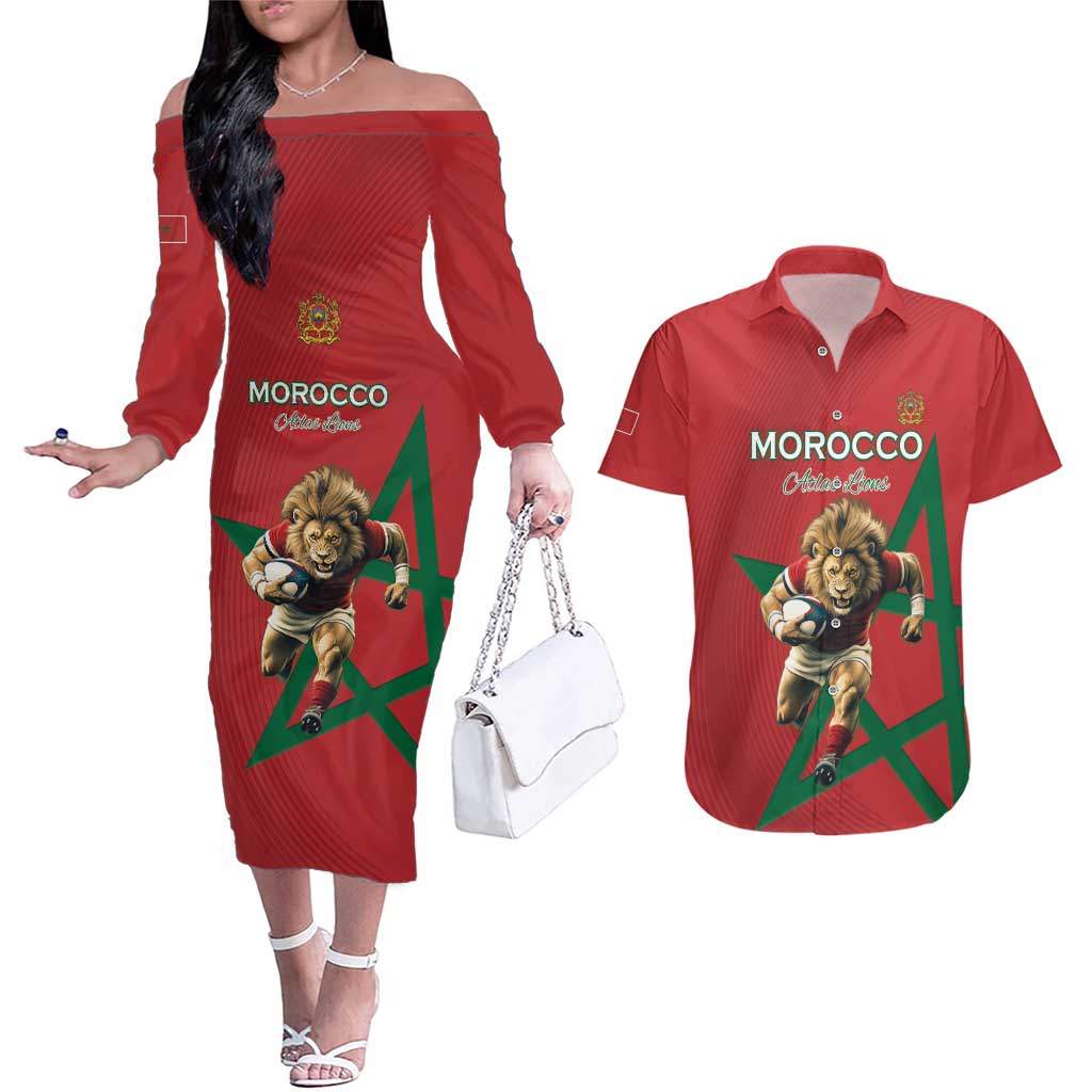 Morocco Rugby Custom Couples Matching Off The Shoulder Long Sleeve Dress and Hawaiian Shirt Lion Mascot Green Star