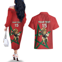 Morocco Rugby Custom Couples Matching Off The Shoulder Long Sleeve Dress and Hawaiian Shirt Lion Mascot Green Star