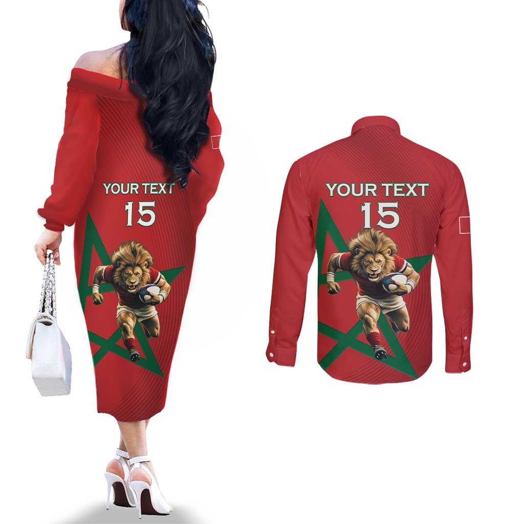 Morocco Rugby Custom Couples Matching Off The Shoulder Long Sleeve Dress and Long Sleeve Button Shirt Lion Mascot Green Star