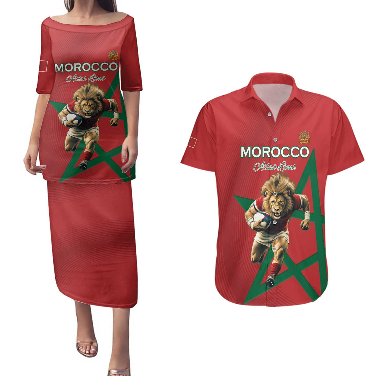 Morocco Rugby Custom Couples Matching Puletasi and Hawaiian Shirt Lion Mascot Green Star