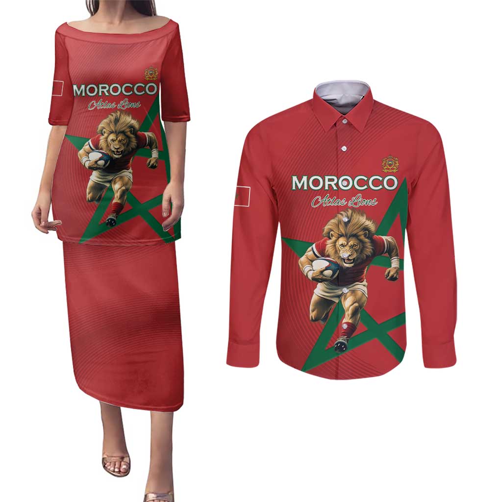 Morocco Rugby Custom Couples Matching Puletasi and Long Sleeve Button Shirt Lion Mascot Green Star