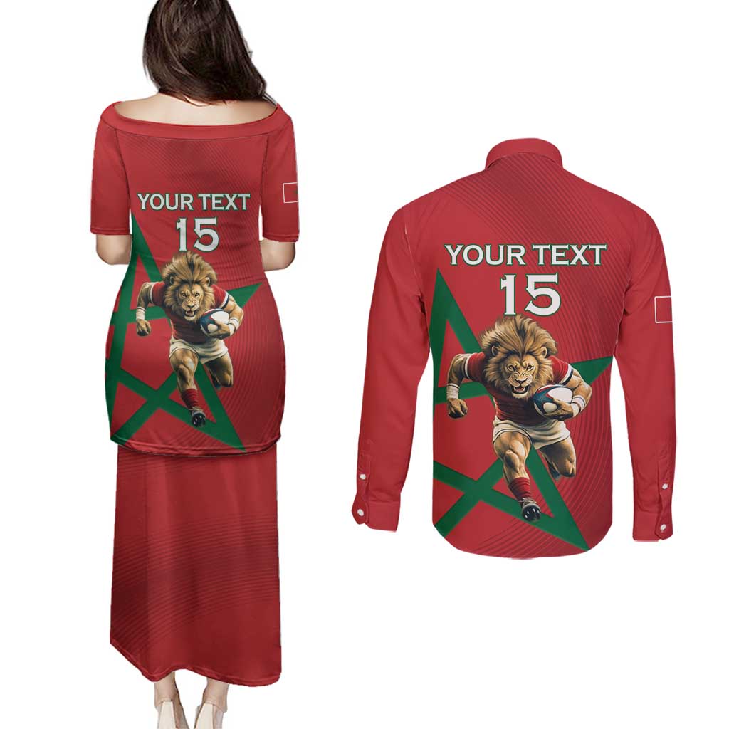 Morocco Rugby Custom Couples Matching Puletasi and Long Sleeve Button Shirt Lion Mascot Green Star