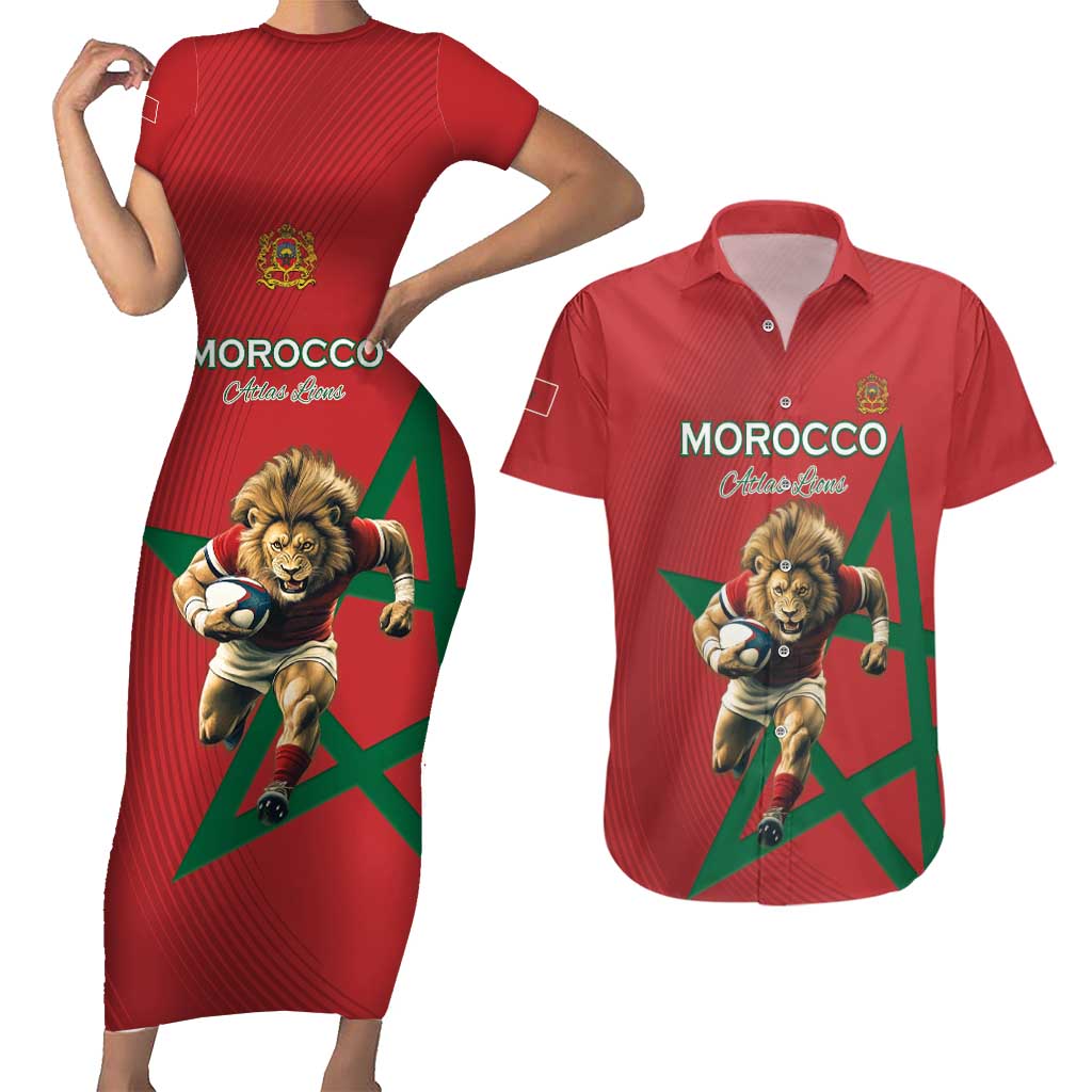 Morocco Rugby Custom Couples Matching Short Sleeve Bodycon Dress and Hawaiian Shirt Lion Mascot Green Star