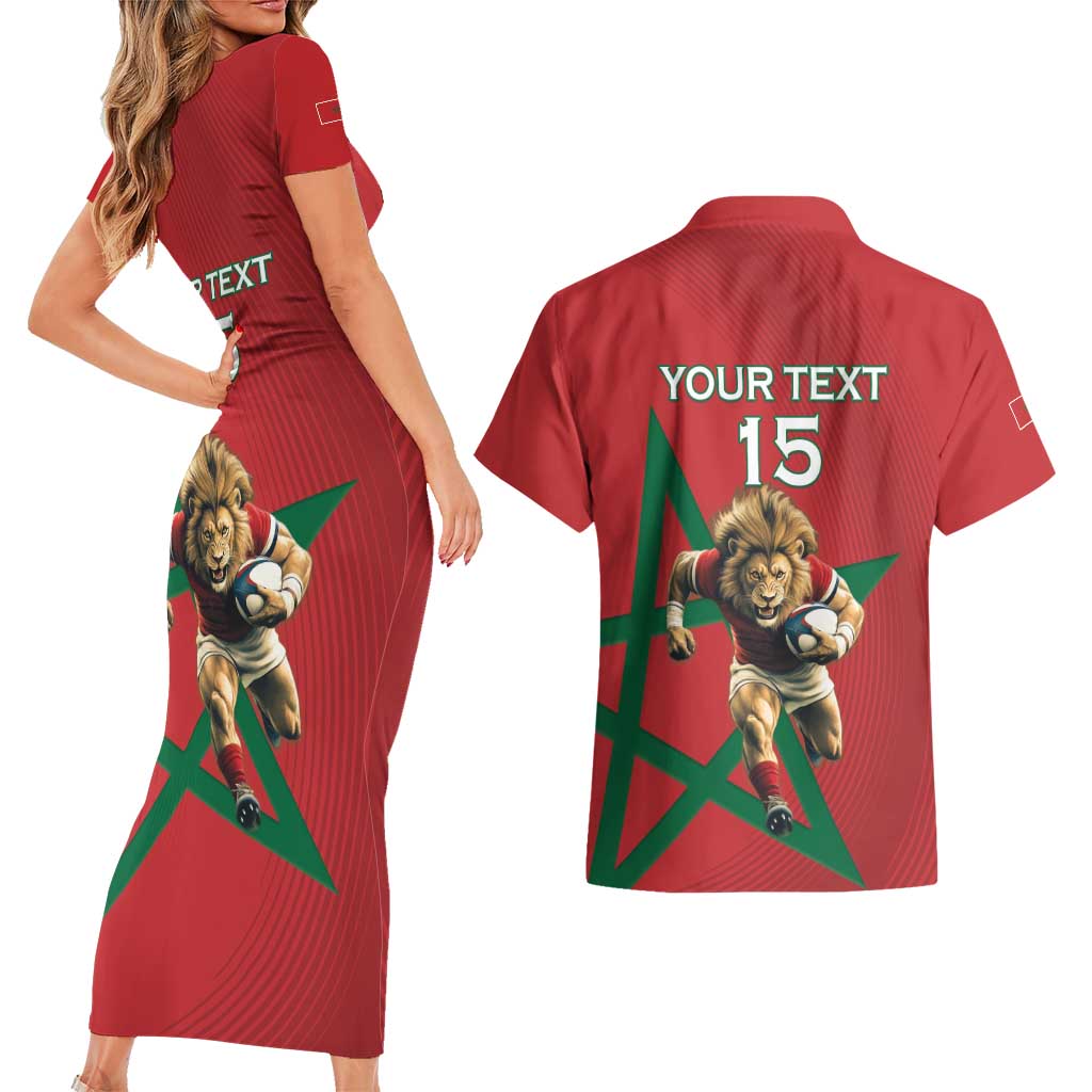 Morocco Rugby Custom Couples Matching Short Sleeve Bodycon Dress and Hawaiian Shirt Lion Mascot Green Star