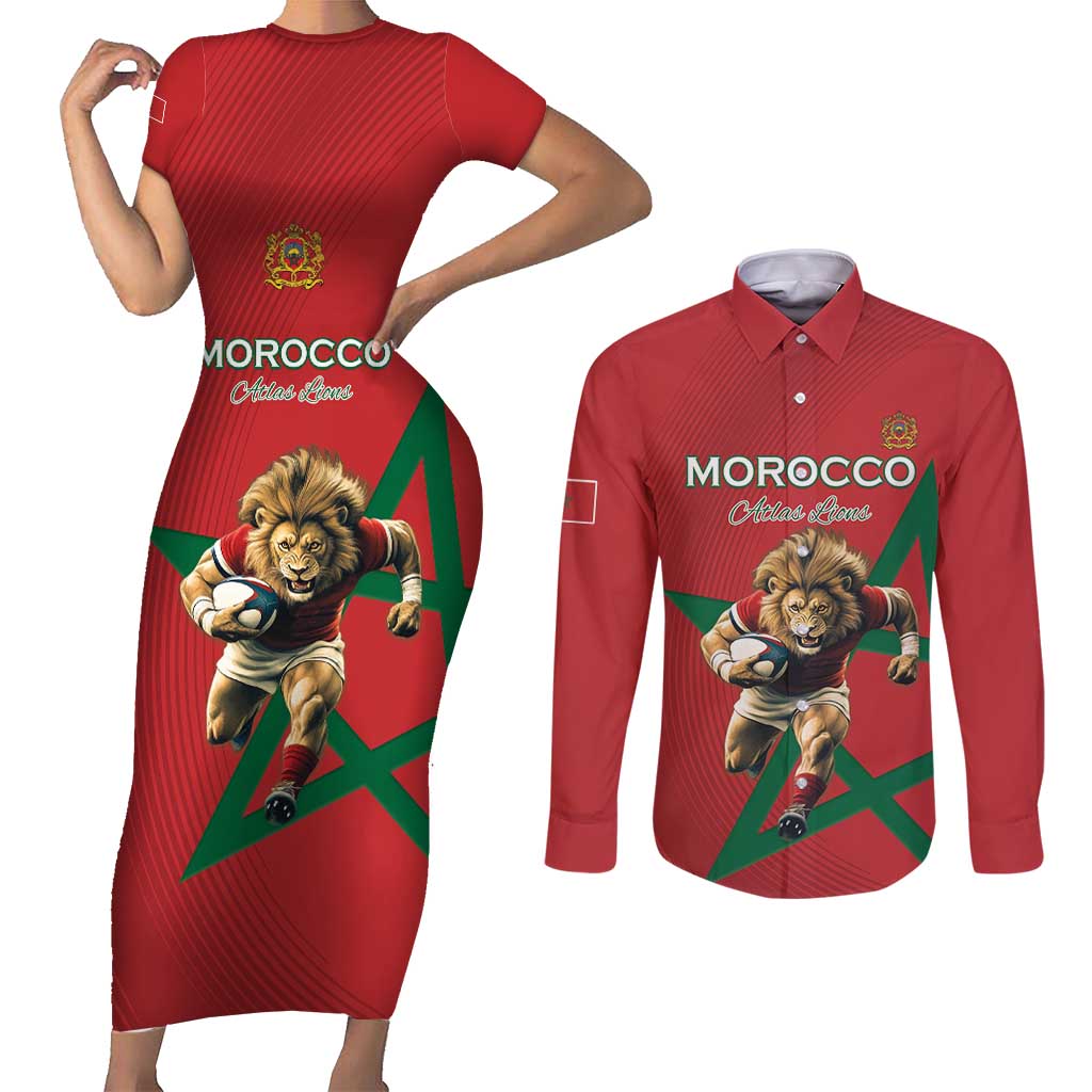 Morocco Rugby Custom Couples Matching Short Sleeve Bodycon Dress and Long Sleeve Button Shirt Lion Mascot Green Star