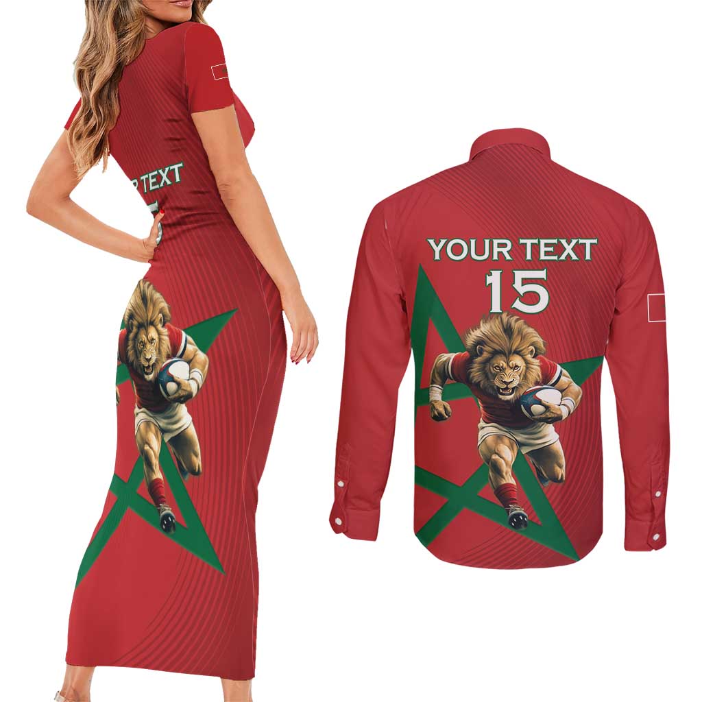 Morocco Rugby Custom Couples Matching Short Sleeve Bodycon Dress and Long Sleeve Button Shirt Lion Mascot Green Star
