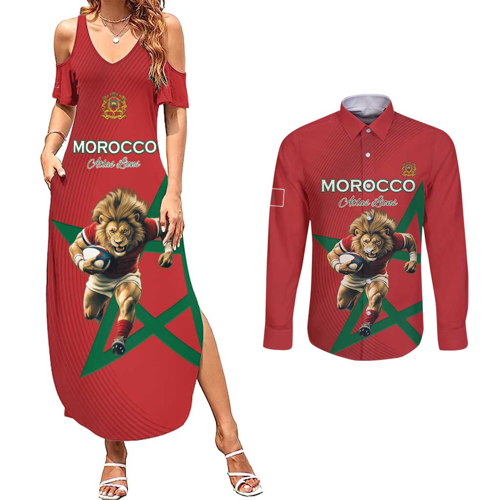 Morocco Rugby Custom Couples Matching Summer Maxi Dress and Long Sleeve Button Shirt Lion Mascot Green Star