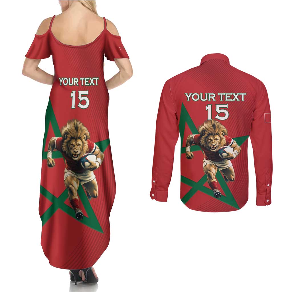Morocco Rugby Custom Couples Matching Summer Maxi Dress and Long Sleeve Button Shirt Lion Mascot Green Star
