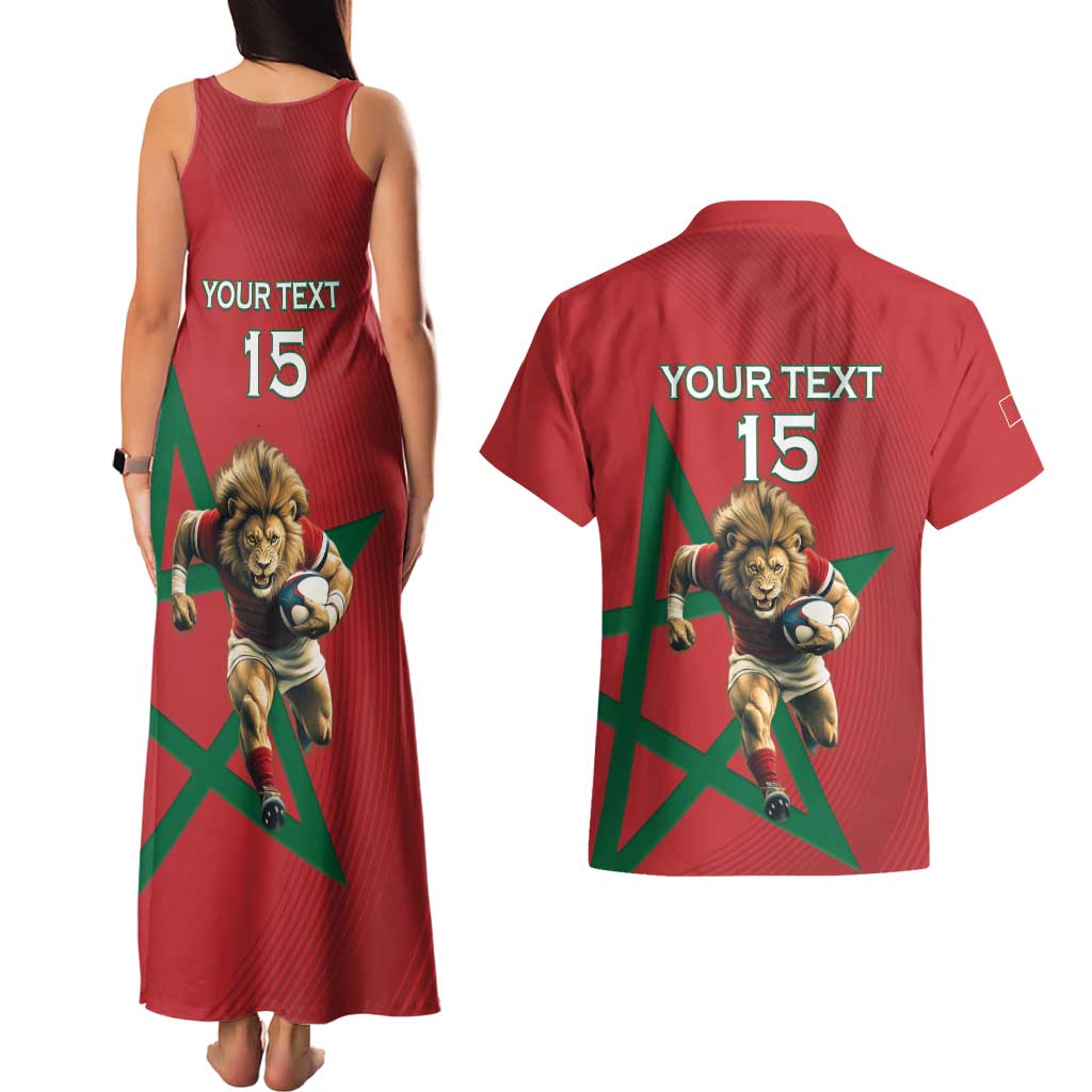 Morocco Rugby Custom Couples Matching Tank Maxi Dress and Hawaiian Shirt Lion Mascot Green Star