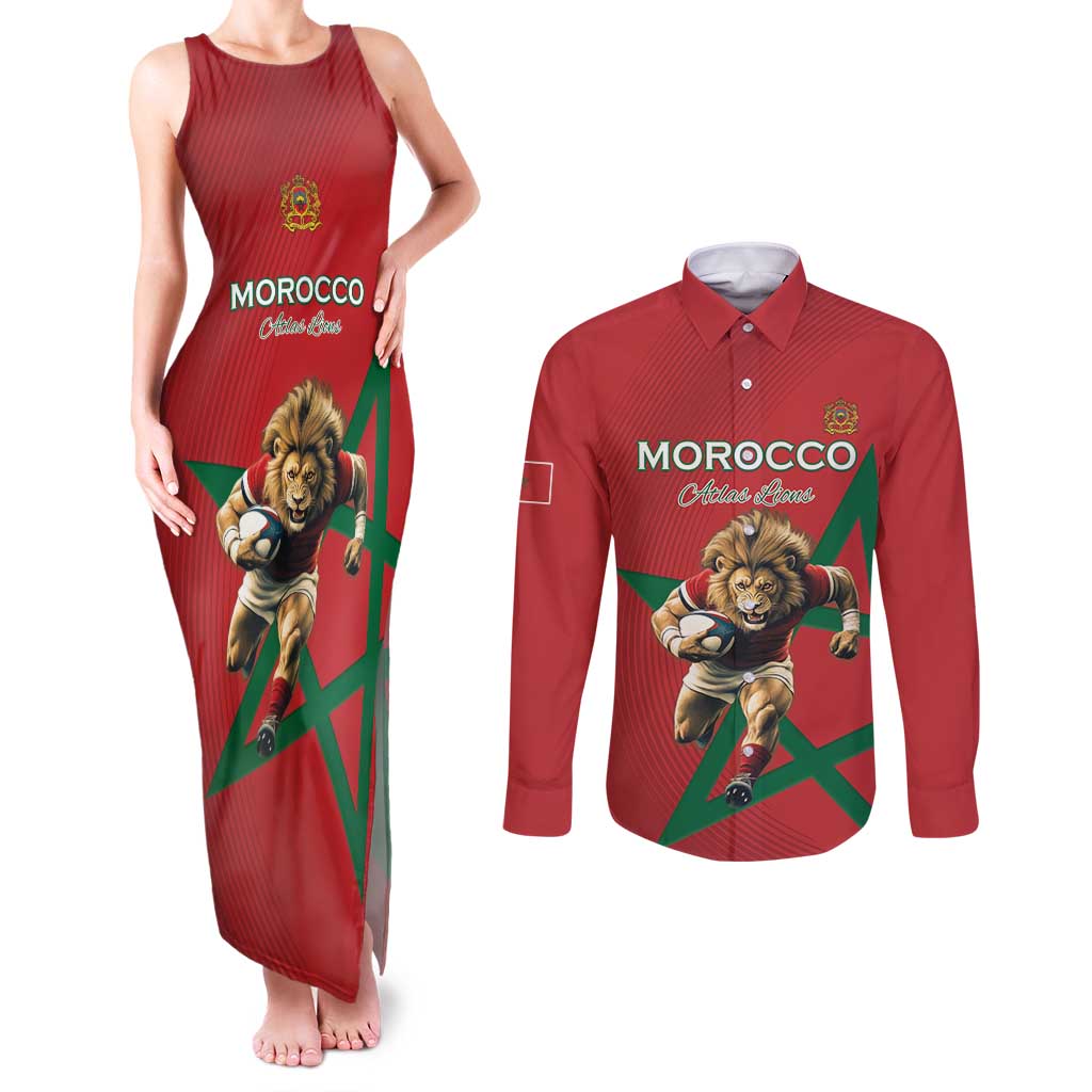 Morocco Rugby Custom Couples Matching Tank Maxi Dress and Long Sleeve Button Shirt Lion Mascot Green Star