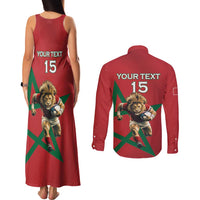 Morocco Rugby Custom Couples Matching Tank Maxi Dress and Long Sleeve Button Shirt Lion Mascot Green Star